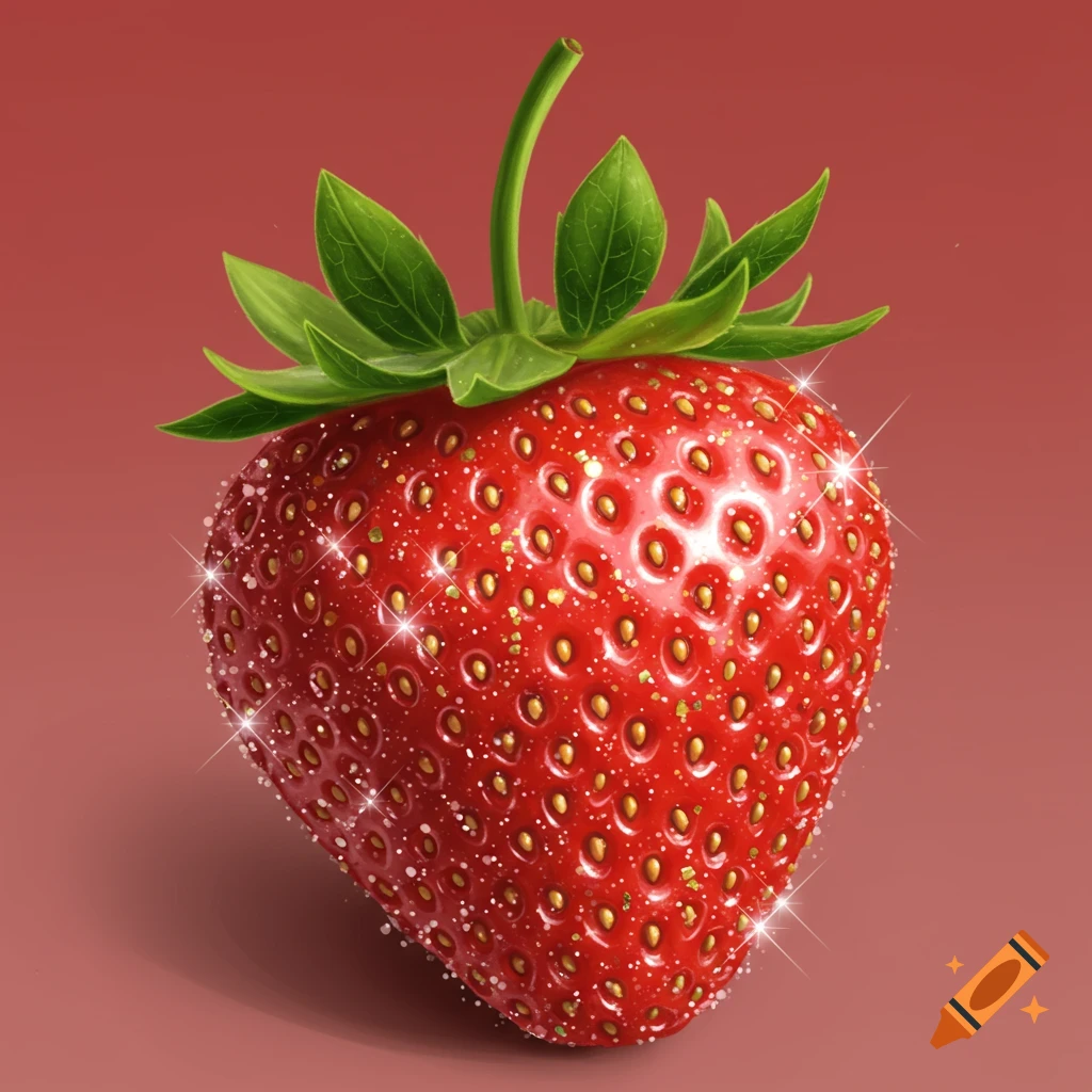 A bright red strawberry covered in glitter on a red background.