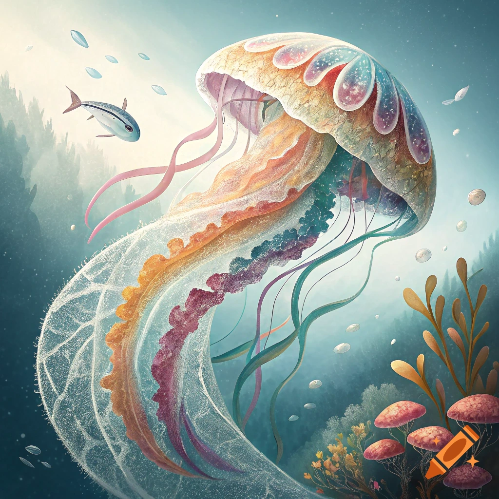 A vibrant, colorful jellyfish swims underwater with fish and plants.
