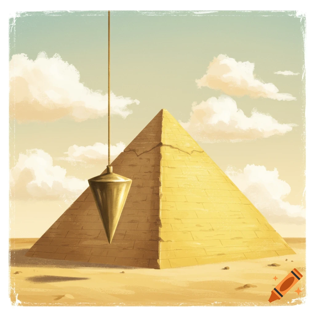 A pyramid in a desert with a plumb line hanging in front of it.