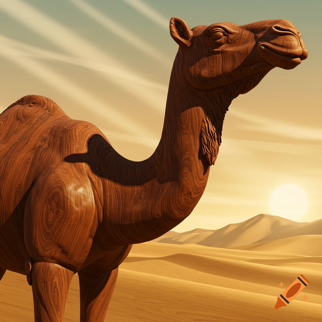 A camel sculpture made of wood in a desert at sunset.