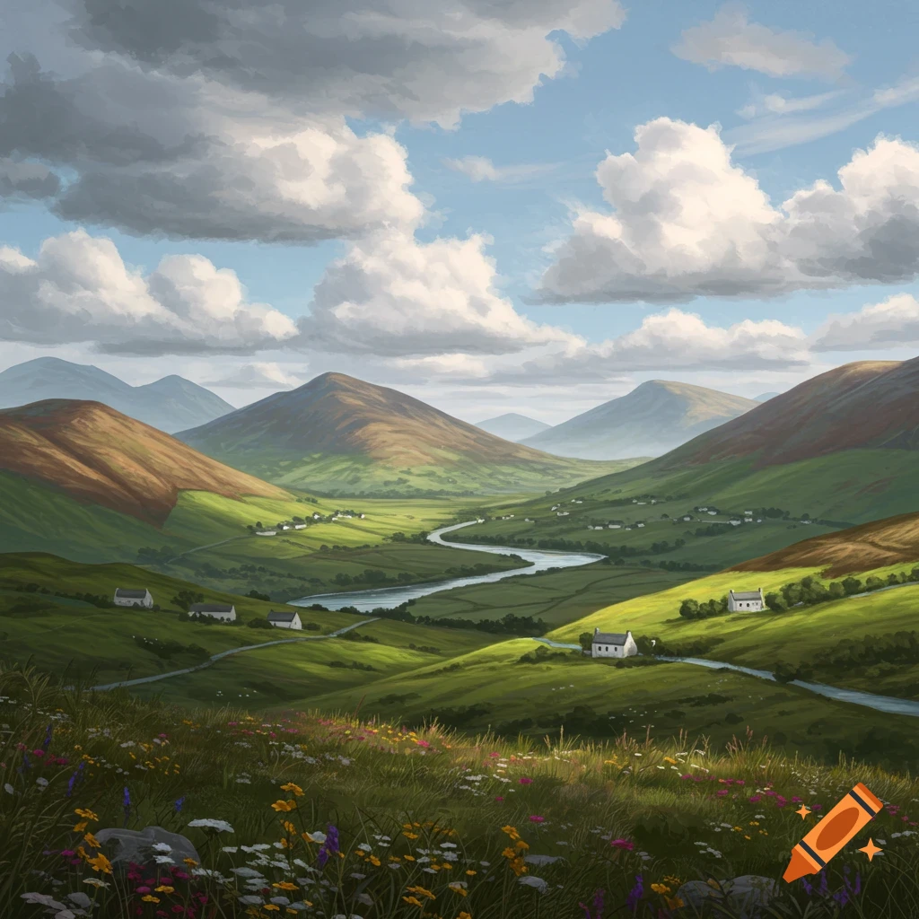 Green mountain valley with a river, houses, and a cloudy sky.