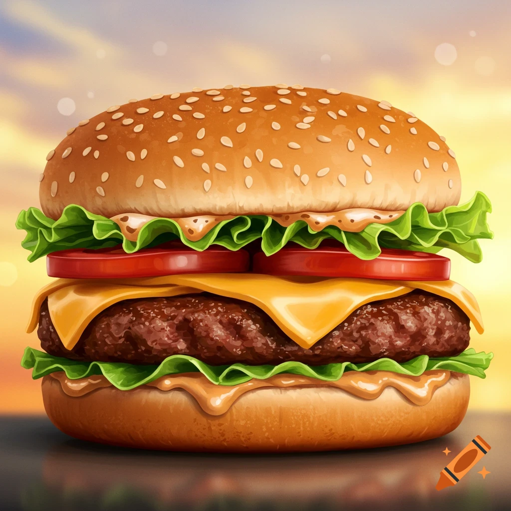 A burger with cheese, lettuce, and tomato
