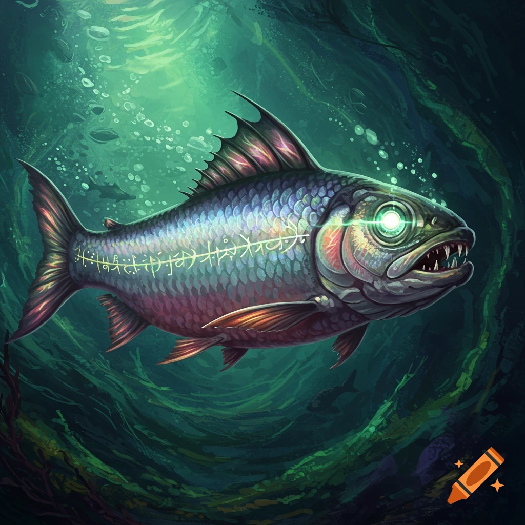 A fantasy fish with a glowing eye and runes swims underwater.