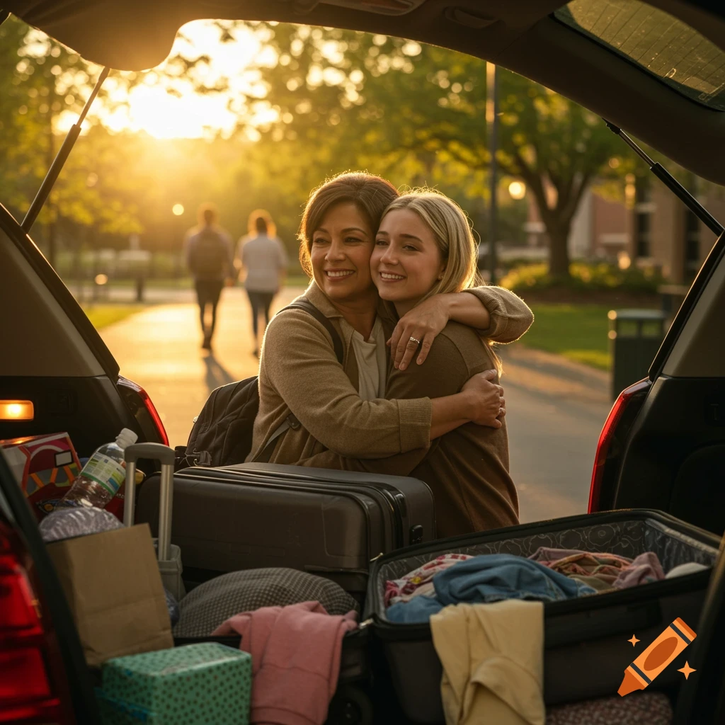 Mother hugs her daughter by a packed car trunk on a college campus at sunset.