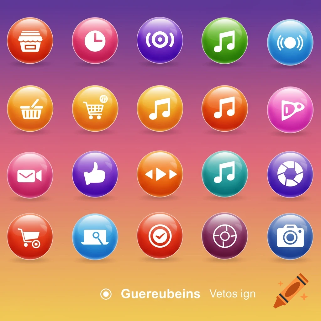 A grid of glossy colorful app icons on a gradient background.