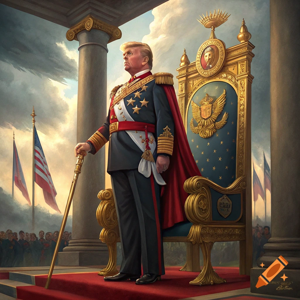 Painting of Donald Trump in ornate military uniform standing beside a large golden throne.