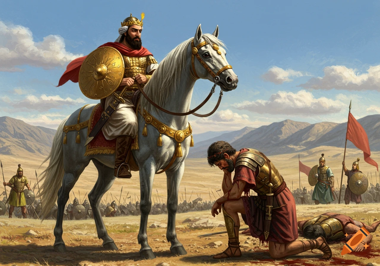 King on white horse looks at kneeling enemy commander on battlefield.