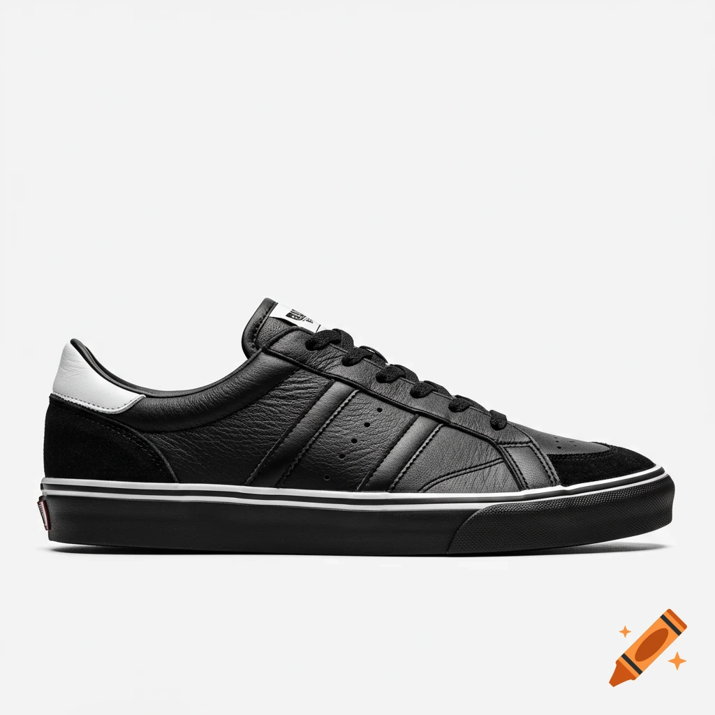 A black leather sneaker with white accents on a white background.