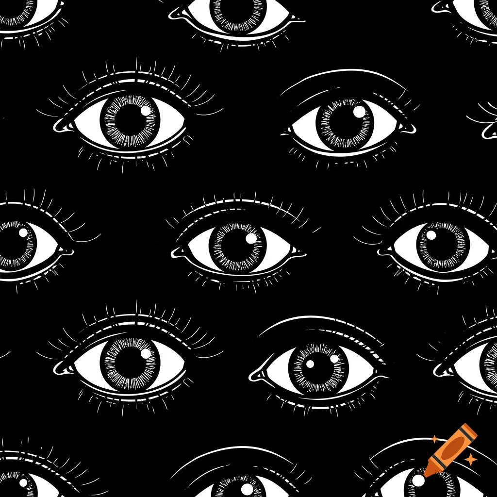 Black and white simplistic gothic pattern of stylized eyes.
