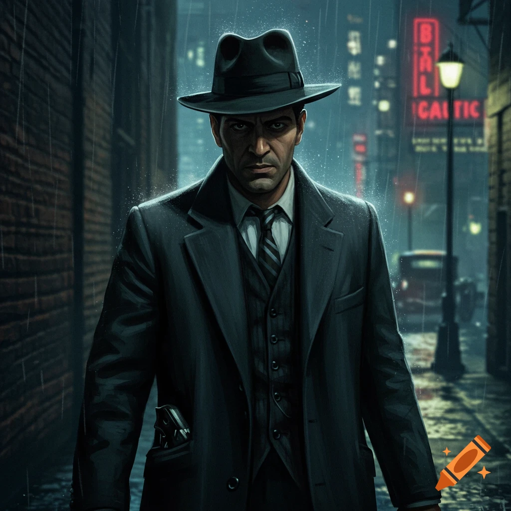A 1940s gangster stands in a dark, rainy alley