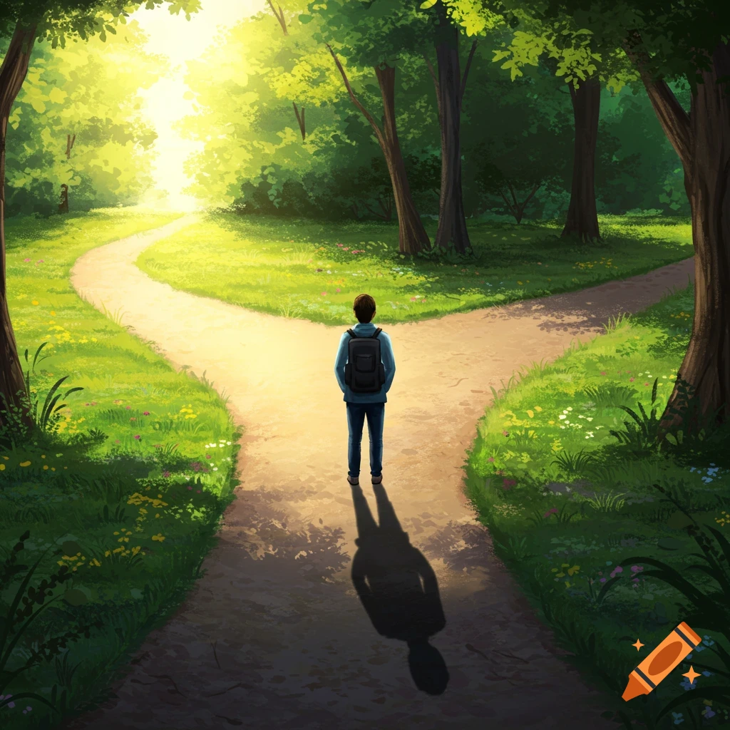 A person stands at a fork in a sunny forest path, deciding which way to go.