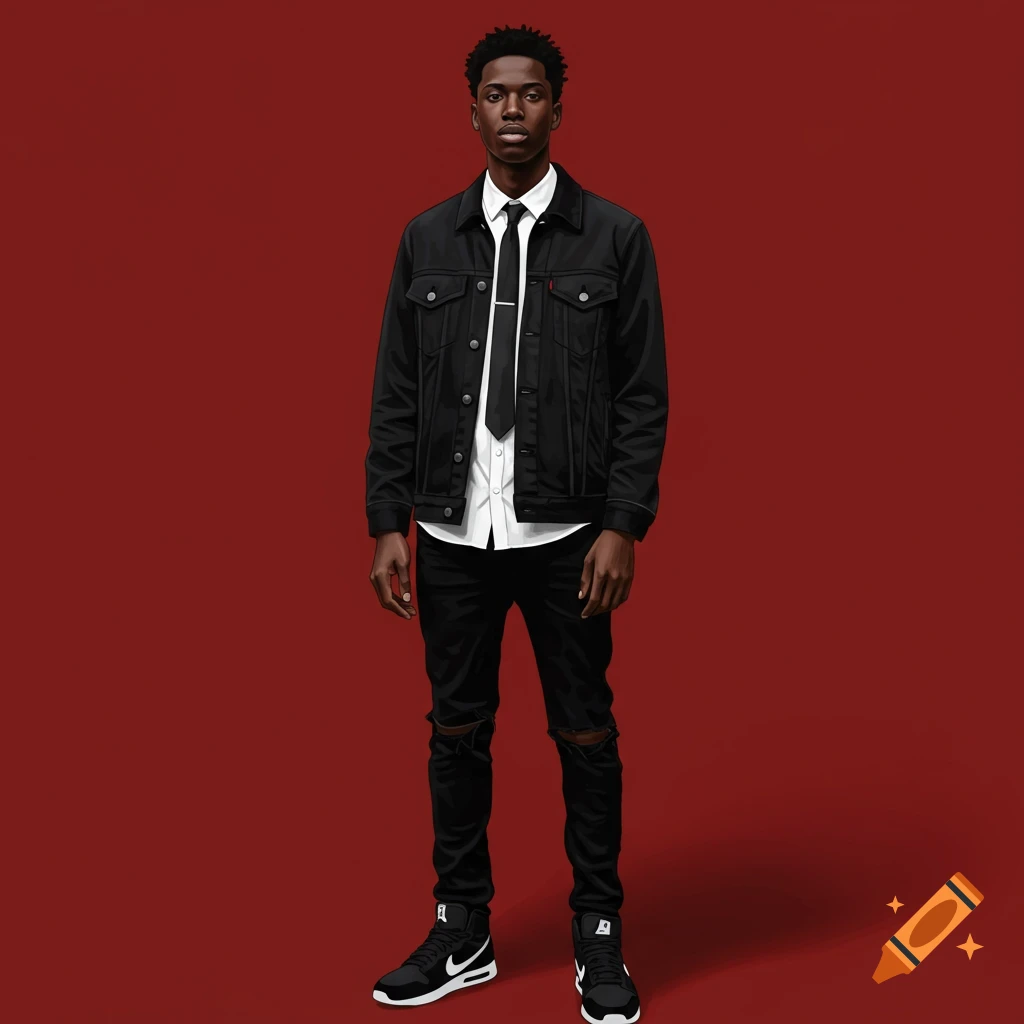 A man in a black jean jacket, white shirt, black tie, black ripped jeans, and black sneakers against a red background.