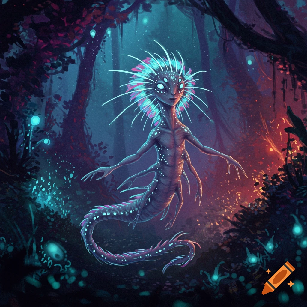 A strange, multi-limbed creature with spines on its head stands in a glowing, bioluminescent forest. Digital art.