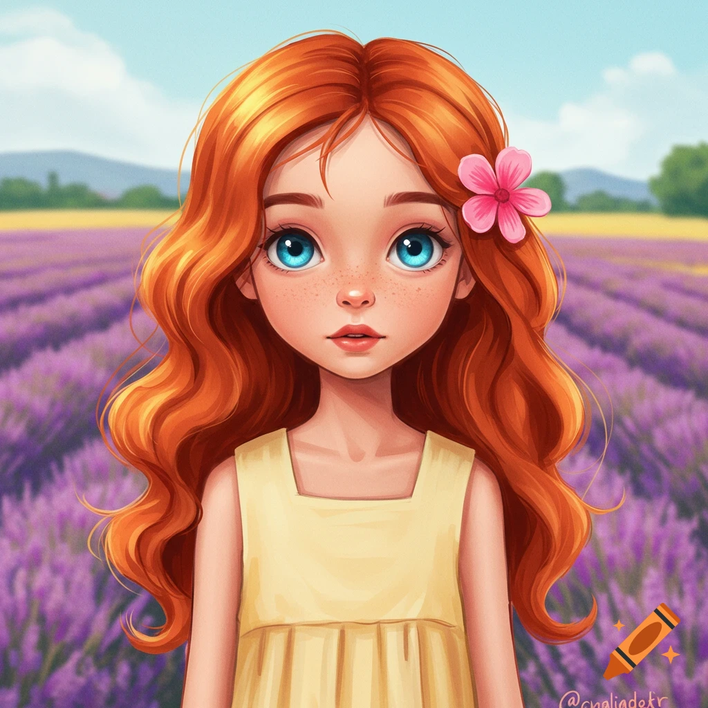 Stylized digital portrait of a red-haired girl with blue eyes standing in a lavender field.