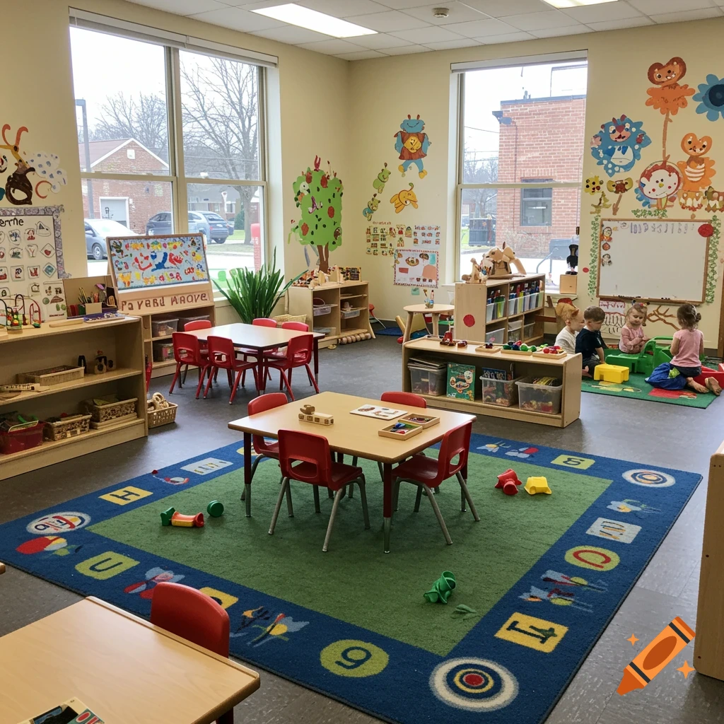 A brightly lit preschool classroom with children playing, colorful educational decorations, tables, chairs, and toys.