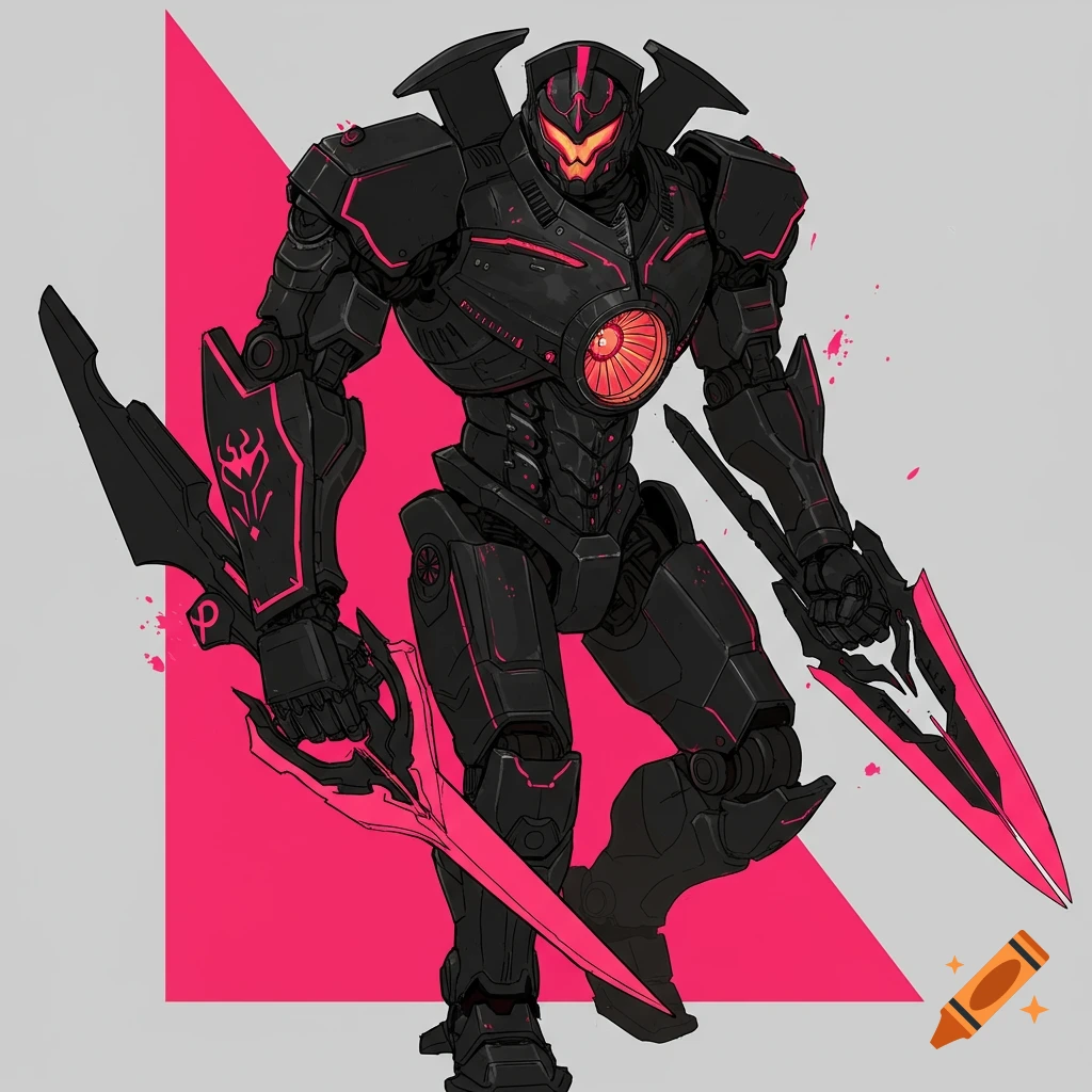 A black and pink digital illustration of a Jaeger robot from Pacific Rim holding two large blades.