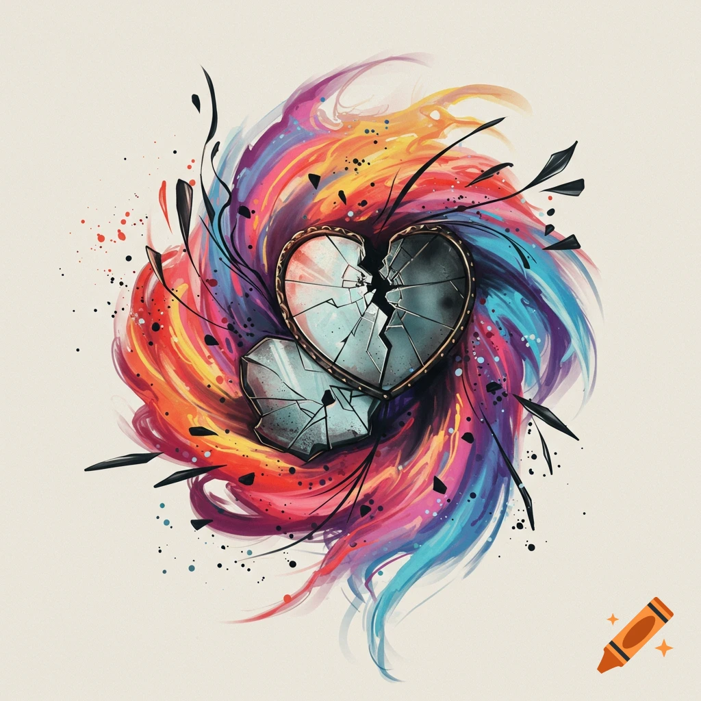 A broken heart surrounded by colorful, flowing abstract shapes and black accents.