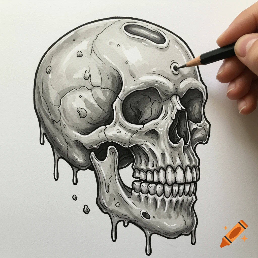 A black and white sketch drawing of a melting skull with a hand holding a pencil.