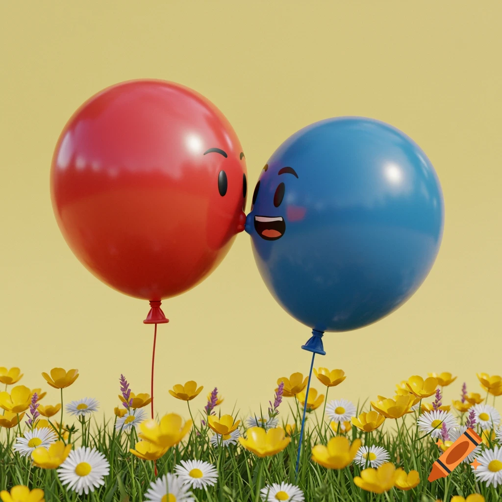 Two cartoon balloons, red and blue, kissing in a field of flowers against a yellow background.