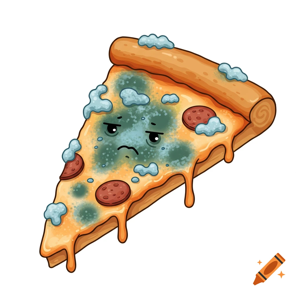 Cartoon slice of pizza with green and blue mold and a sad face.