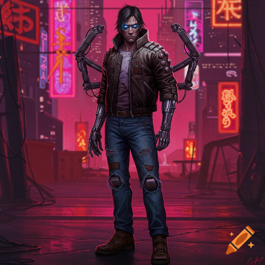 A man with cybernetic arms and glowing eyes stands on a cyberpunk street with neon signs.