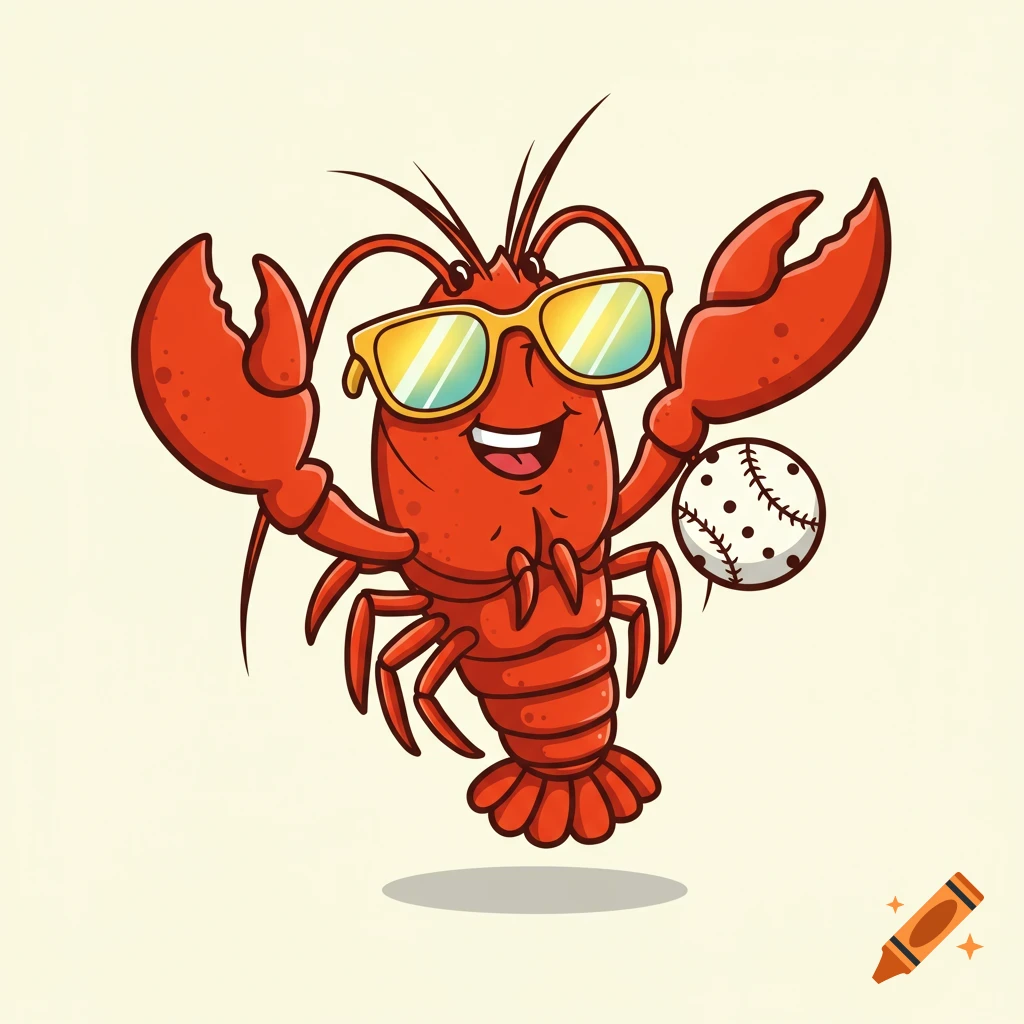 Cartoon lobster wearing sunglasses and holding a baseball.