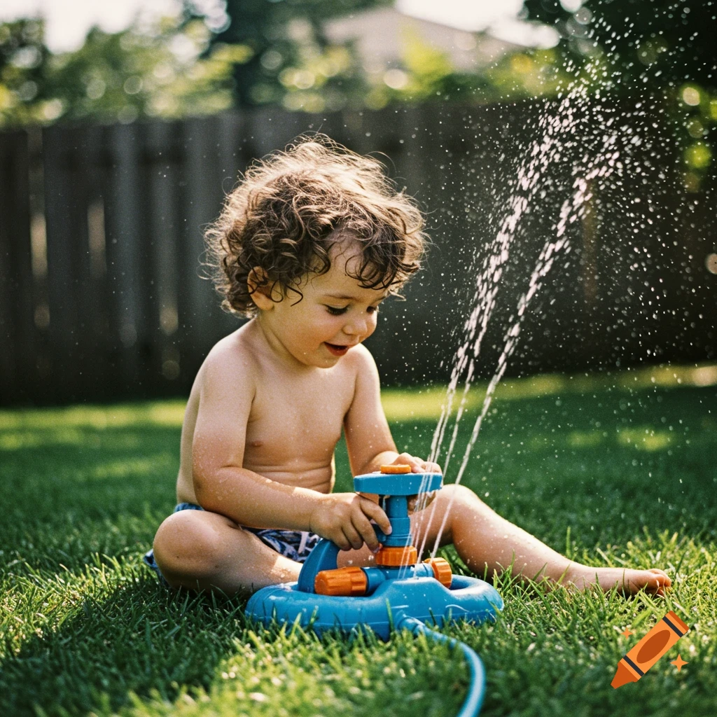A young boy plays with a sprinkler on the grass in a backyard.