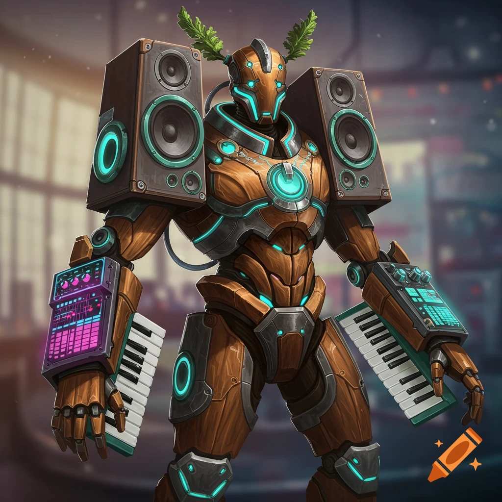 A robot with shoulder speakers and forearm keyboards