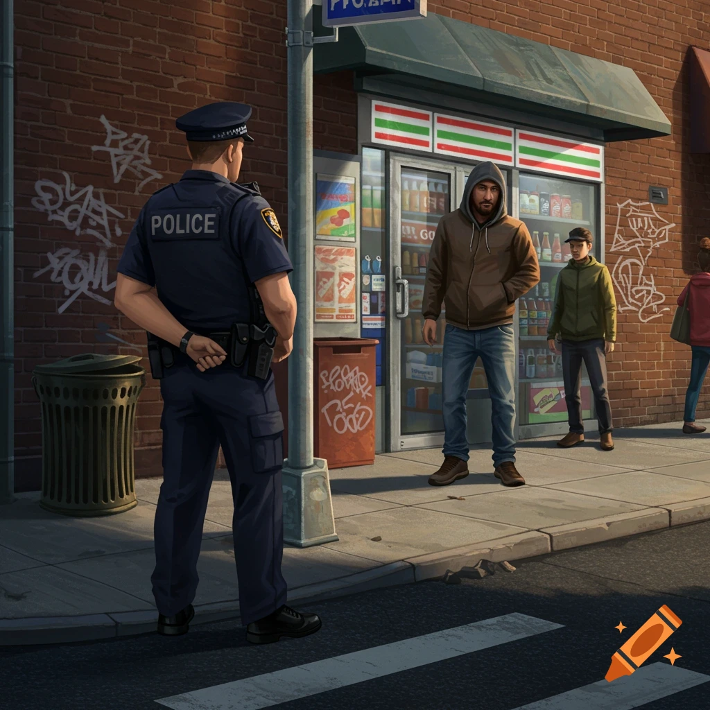 A police officer stands across from a man near a convenience store on an urban street.