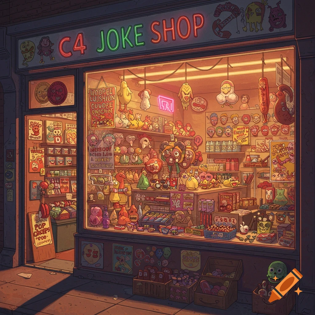 A brightly lit joke shop storefront at night, labeled 'C4 Joke Shop', filled with shelves of cartoonish novelty items and masks.