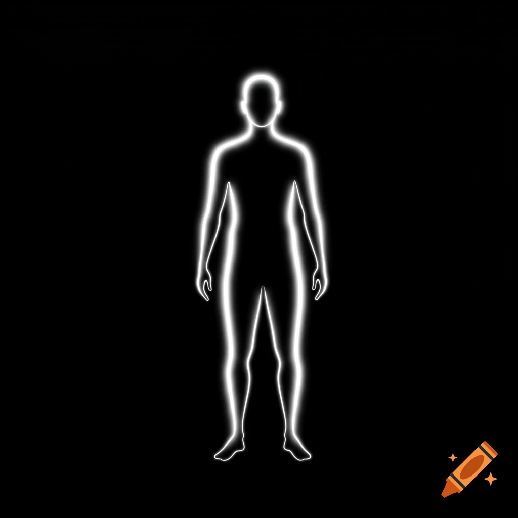 A white glowing outline of a human figure stands against a black background.
