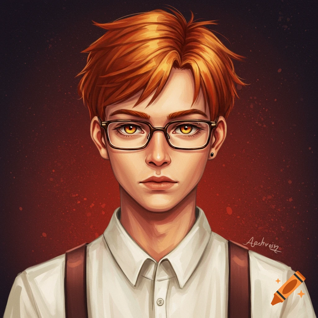 A young man with orange hair, glasses, and amber eyes wearing a white shirt and suspenders.