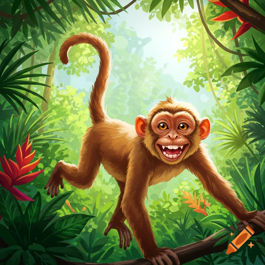A cartoonish monkey climbs a branch in a lush depiction of a jungle.