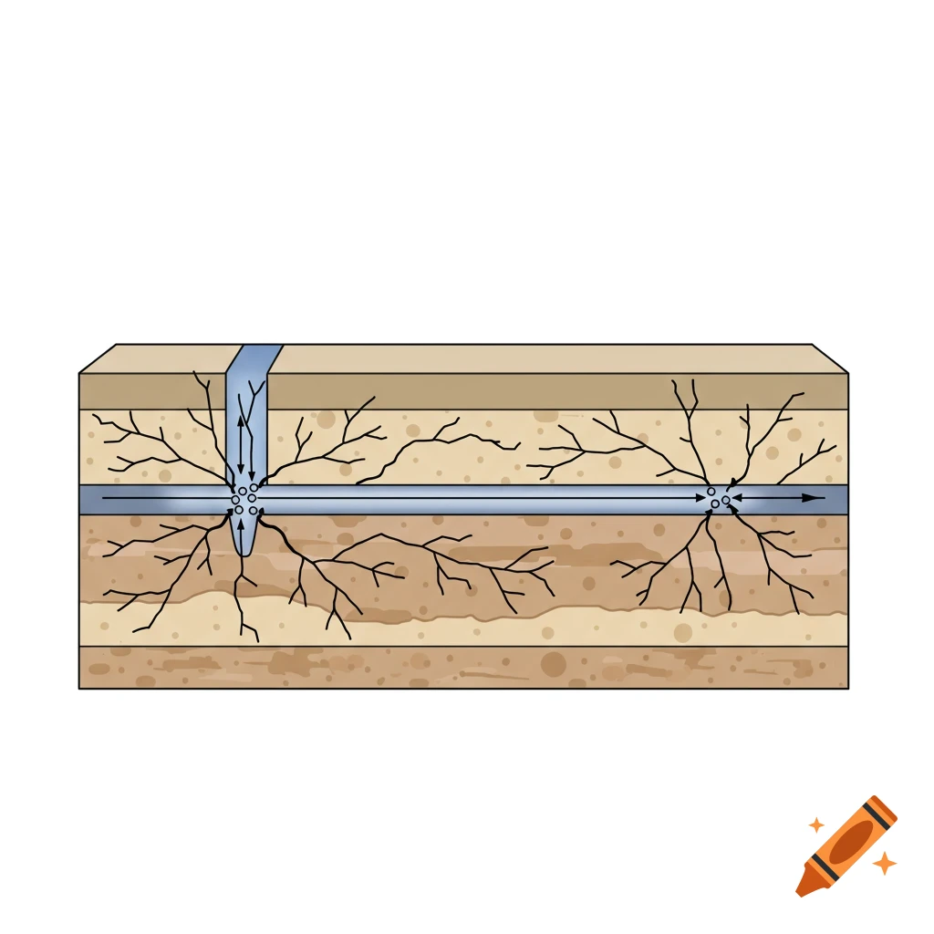 Diagram of a horizontal well fractured in layered rock with fluid flow.