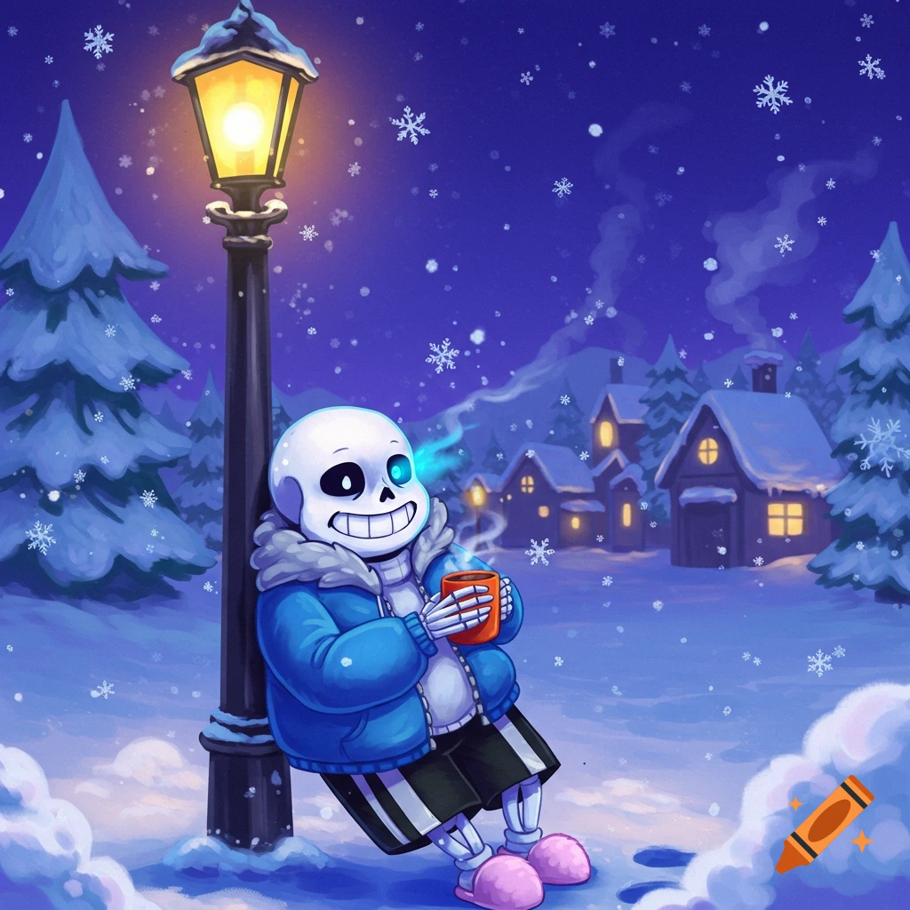 Sans from Undertale sitting by a lamppost in a snowy village, holding a steaming mug.