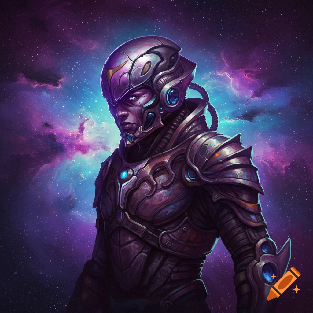 A space warrior is depicted against a cosmic background.