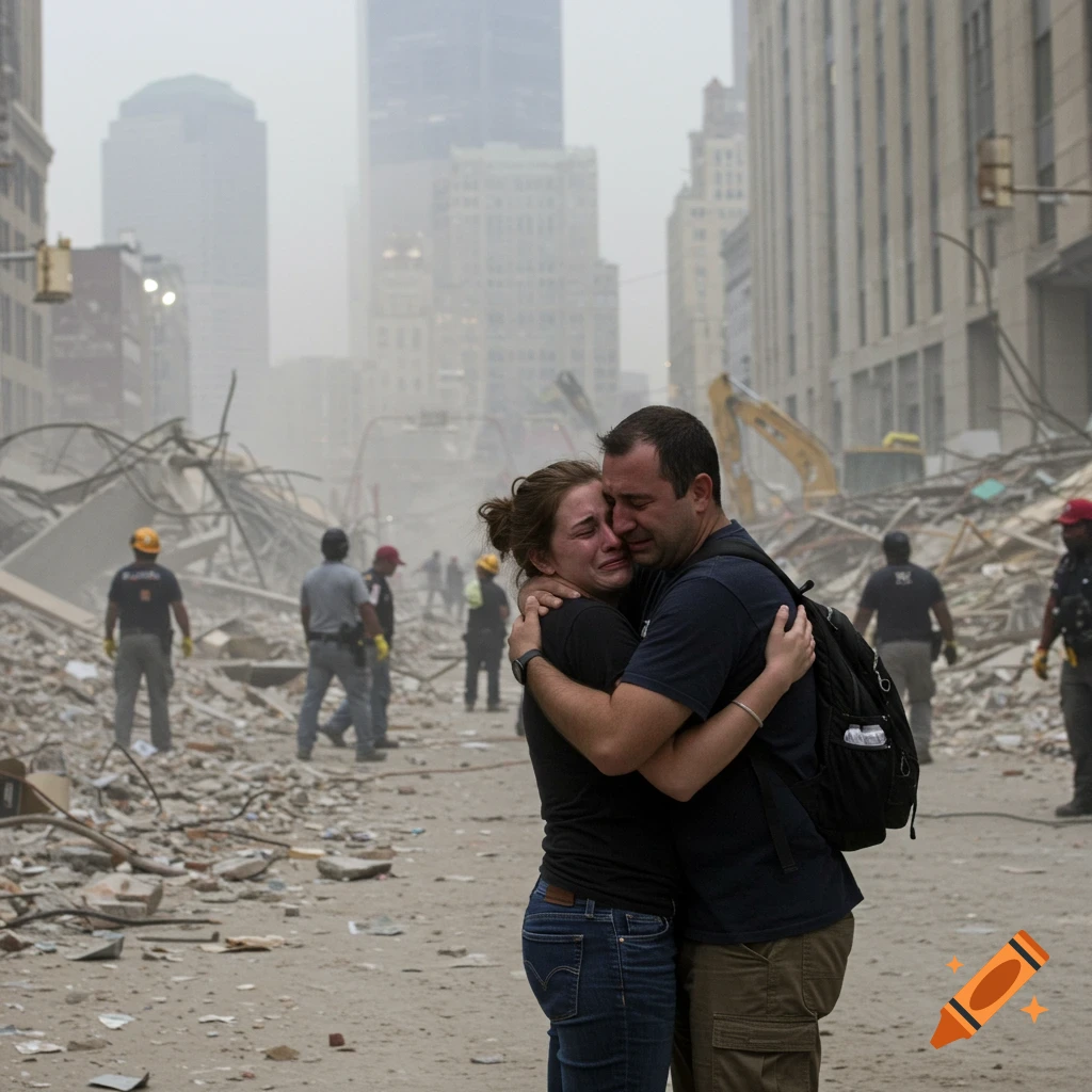 Couple embraces and cries amidst debris in a street after a disaster.