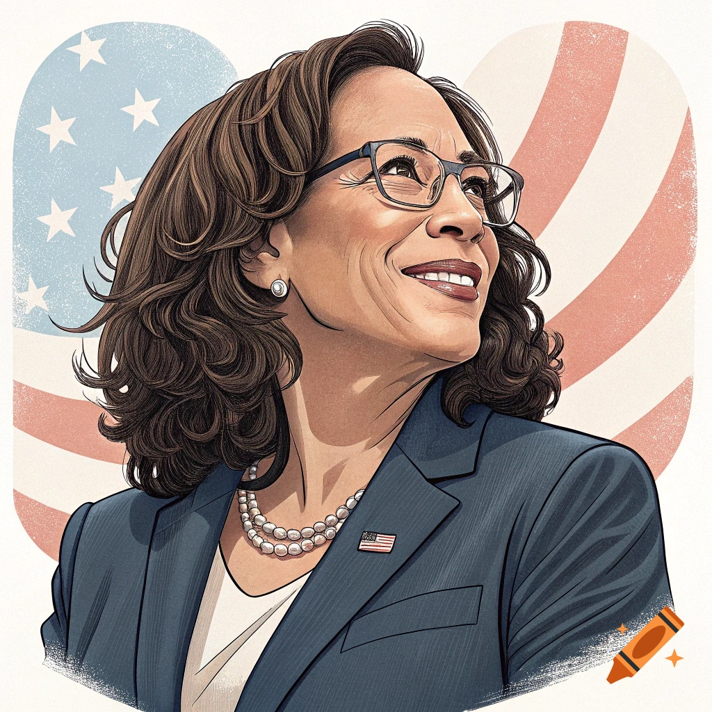Illustration of Kamala Harris smiling against a patriotic background.