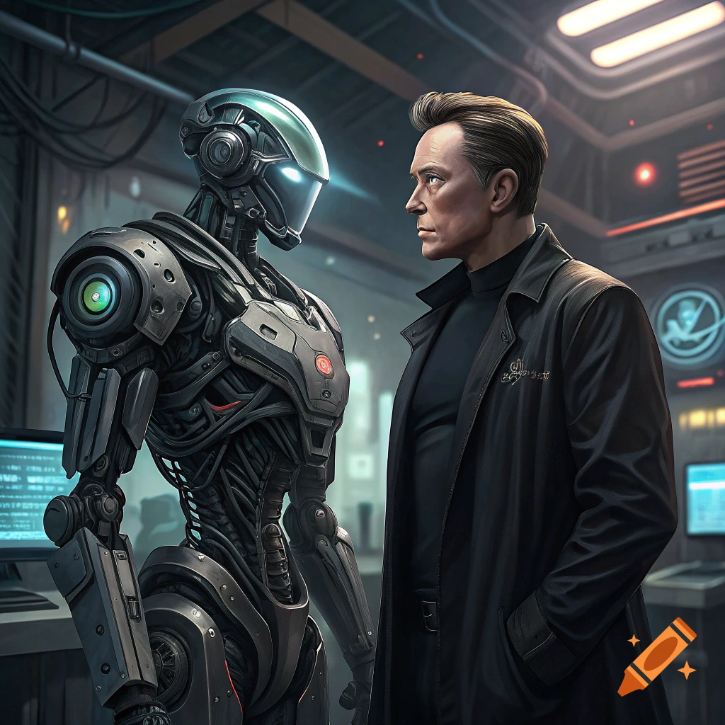 A man in a coat stands facing a detailed robot in a futuristic lab.