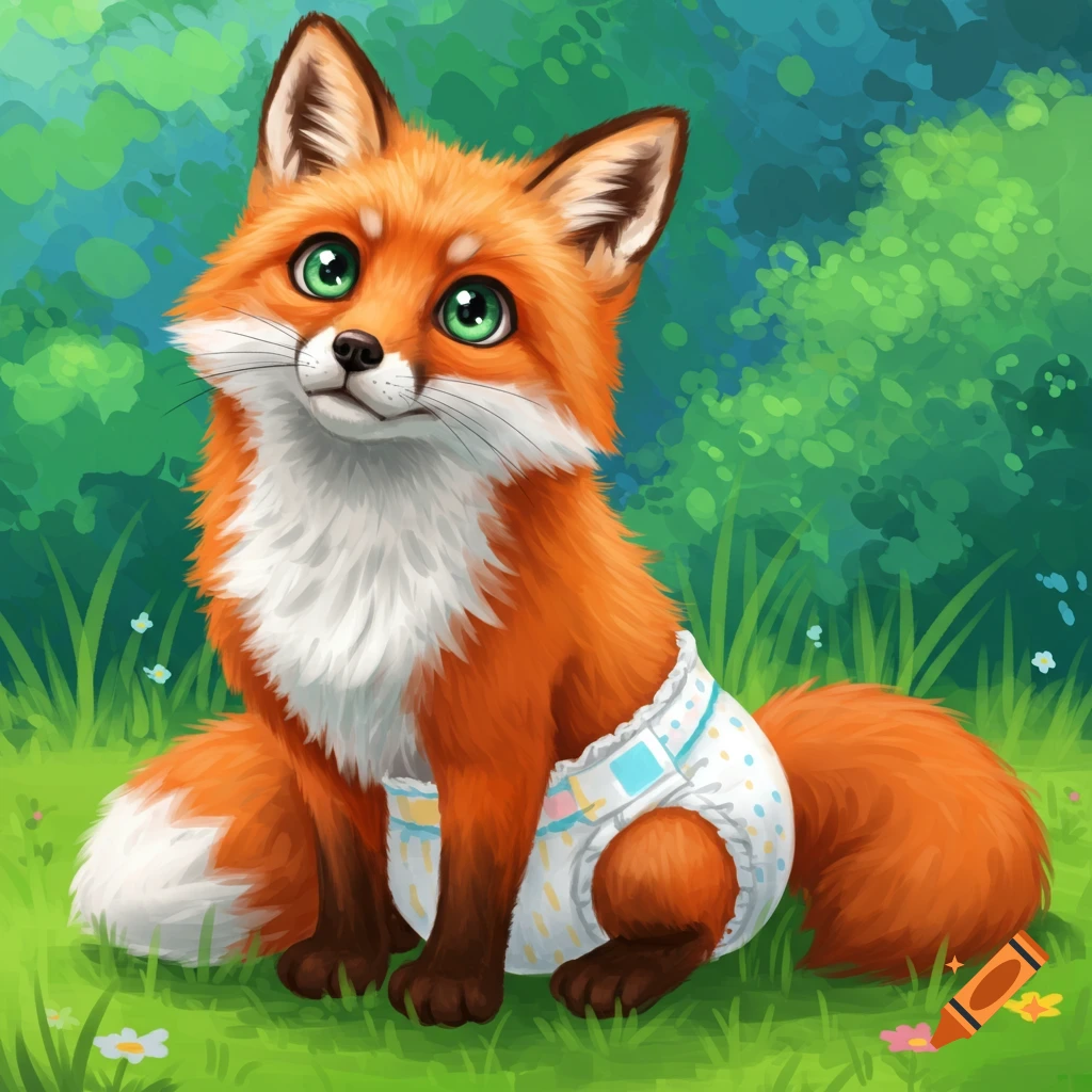 A cute cartoon fox sits in a field wearing a diaper.