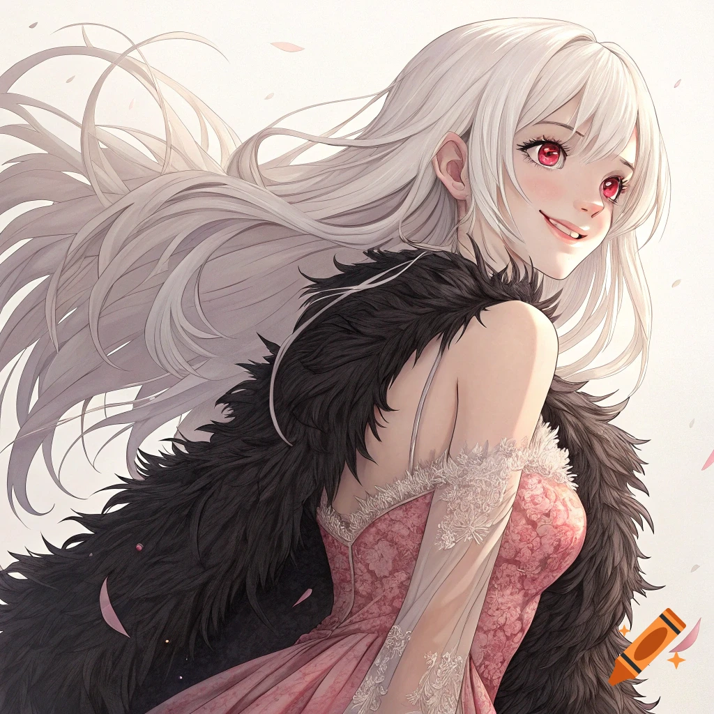 Anime illustration of a smiling woman with long white hair and red eyes, wearing a pink lace dress and black feathery coat.