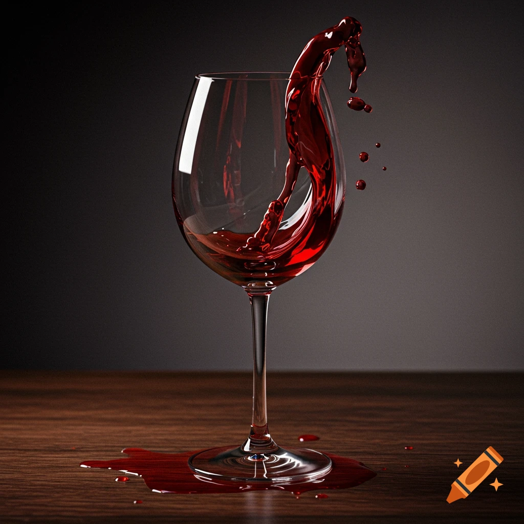 Red wine splashing from an overflowing glass onto a wooden table.