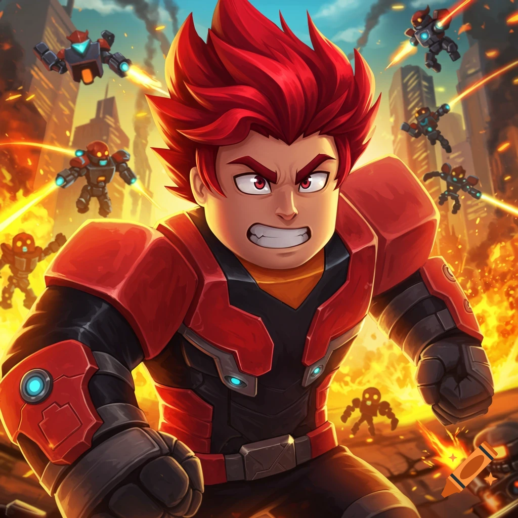Young character in red armor fights robots in a burning city.
