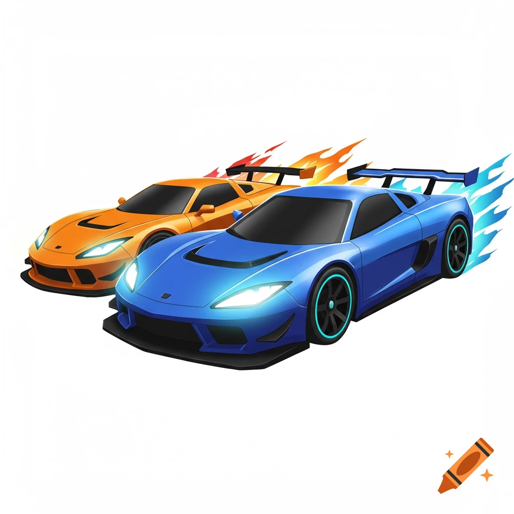 Stylized illustration of an orange and a blue racing car speeding with flame effects.