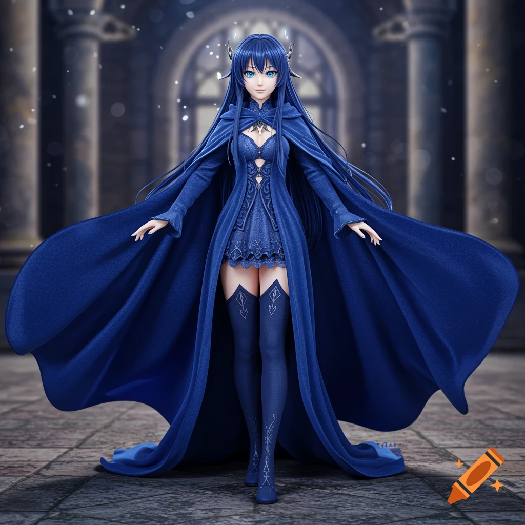 3D render of an anime girl in a blue dress and cape in a hall