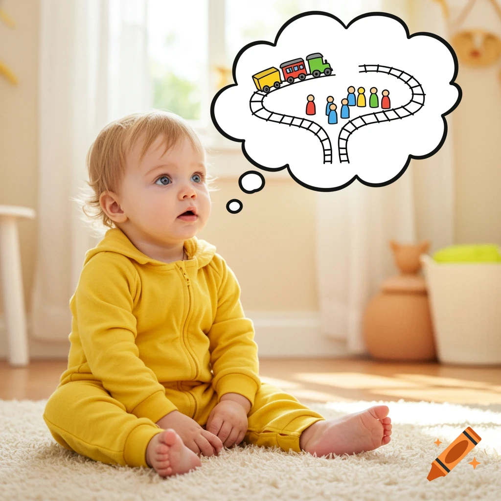 A baby in a yellow onesie sits on a rug, looking up at a thought bubble containing a childlike drawing of a train on tracks splitting with figures on each path.