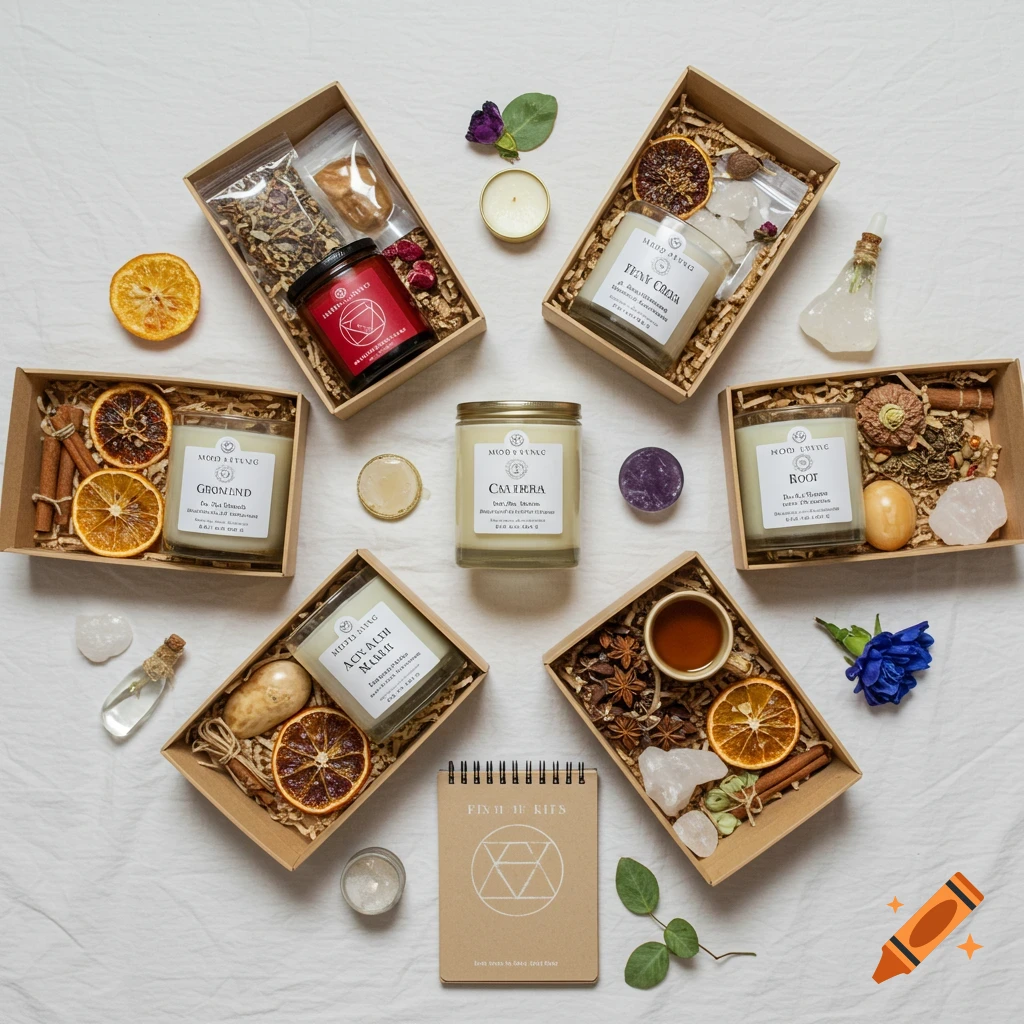 Flat lay of chakra-themed self-care kits including candles, herbs, crystals, and dried fruit arranged on a white surface.