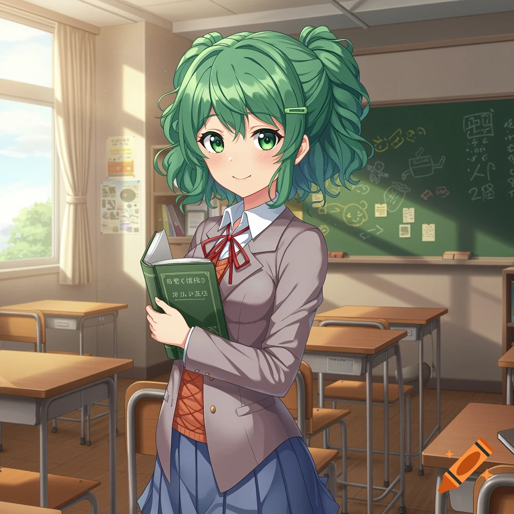 An anime girl with green hair in a school uniform holds a book in a classroom.