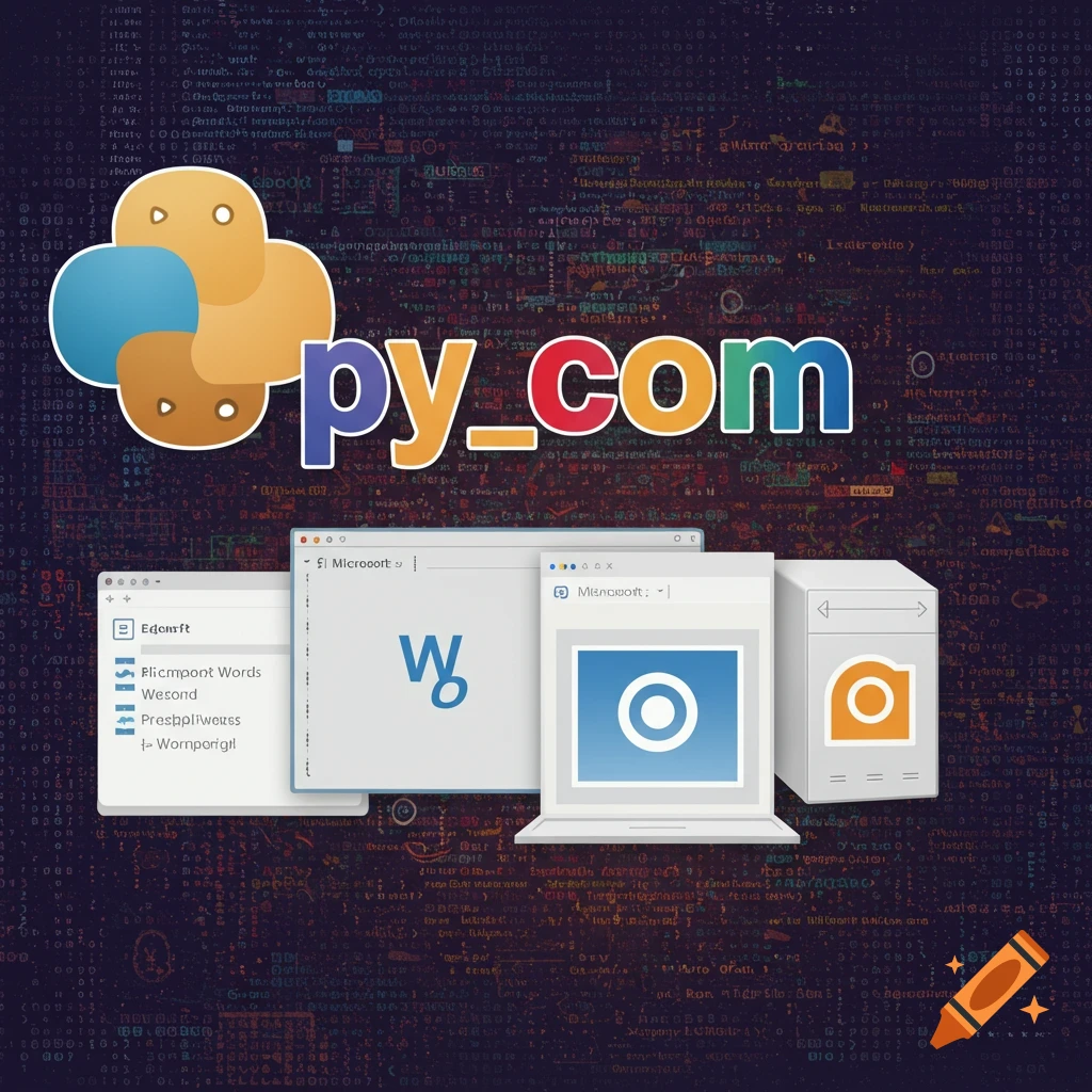 Python logo and 'Py_com' text over a code background with windows showing software icons.