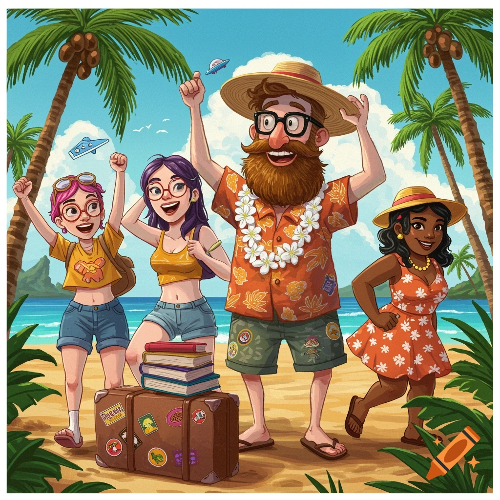 Group of nerdy characters on a tropical beach with luggage in a retro cartoon style.